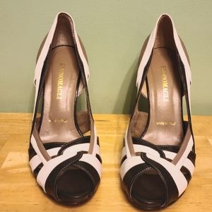 Bruno Magli Black, White and Tan Peep Toe Pumps